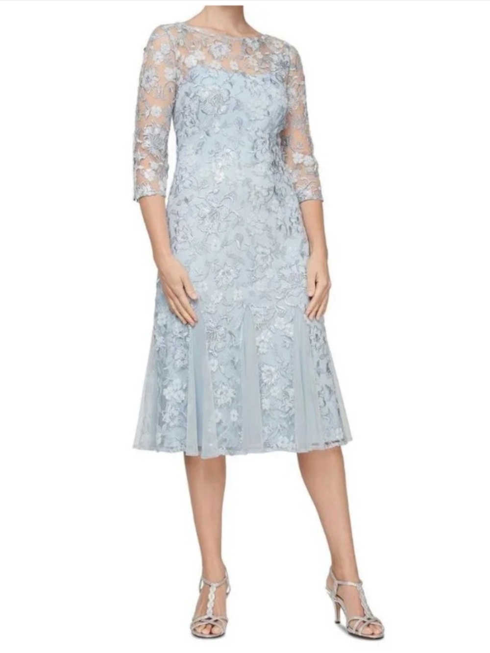 Alex Evenings: Women's Tea Length Embroidered Dress Illusion Sleeves
